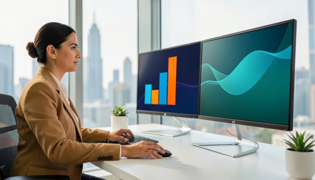Businesswoman at a Dubai office desk working across two professional monitors showing a bar chart and a teal wave