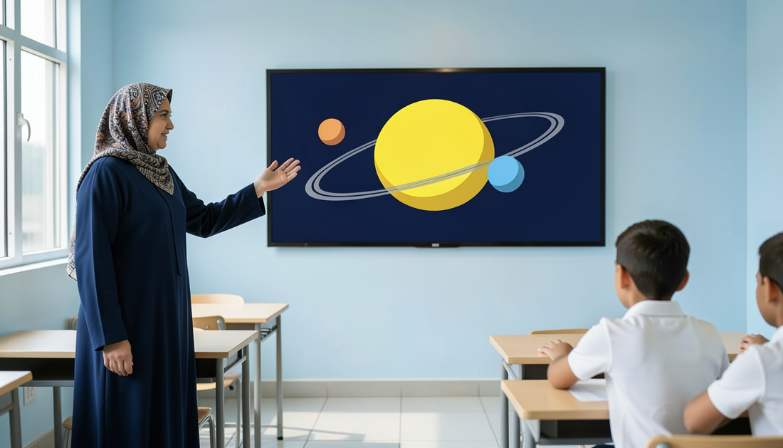 Teacher in a UAE primary classroom gesturing at an interactive panel showing a solar-system diagram