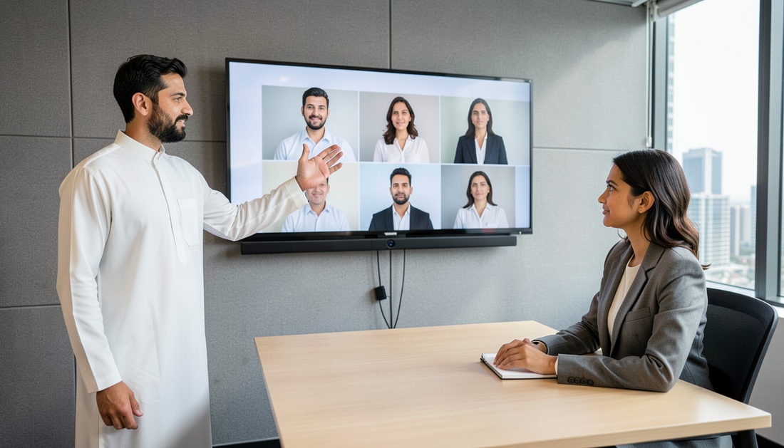 Conference camera on a meeting room display with field of view and auto-framing illustrated