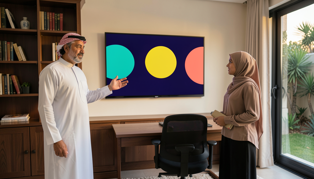 Interactive display mounted in a UAE villa home office used for whiteboarding and video calls