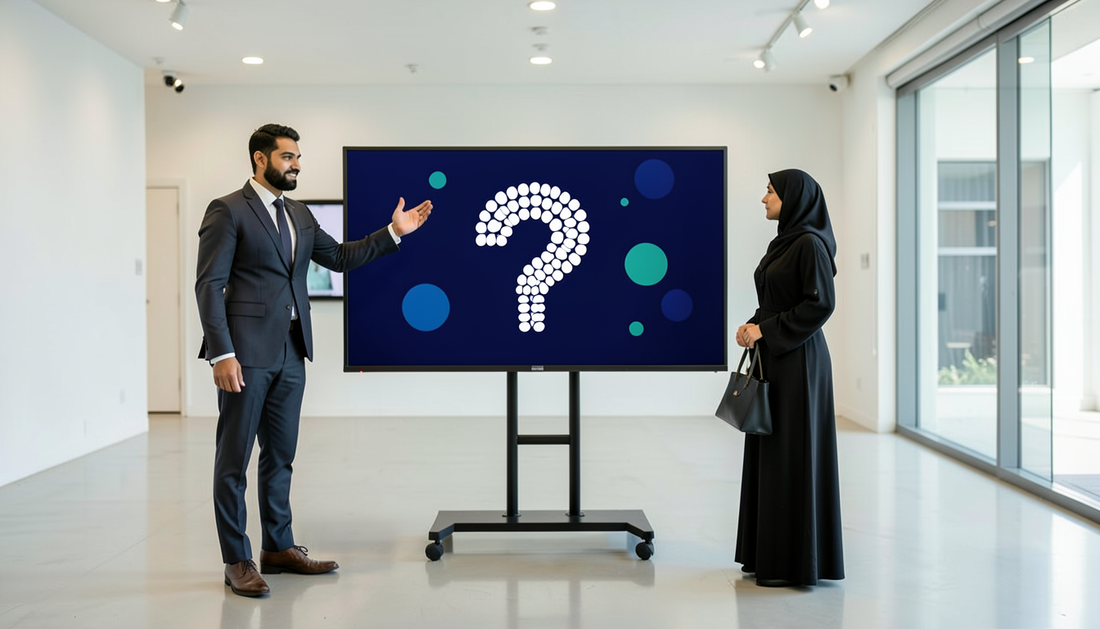 Interactive flat panel in a UAE meeting room with frequently asked questions answered