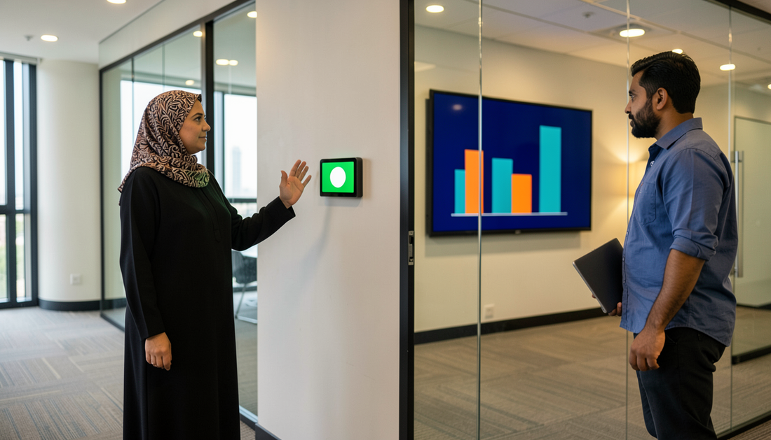 Meeting room booking system panel with LED status bar mounted outside a UAE office meeting room