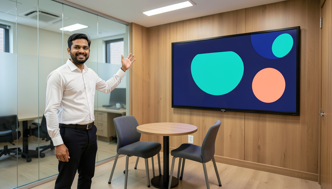 Office manager in a glass-walled UAE huddle room gesturing at an interactive panel showing a layout diagram above a small round table