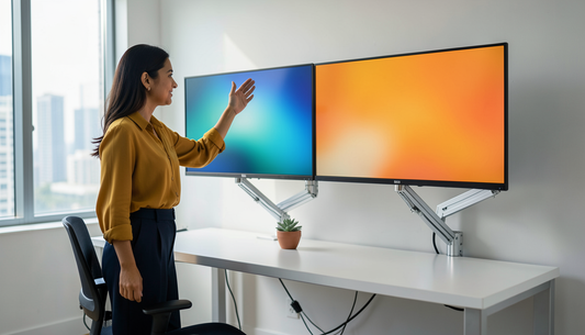 Two monitors on gas-spring desk arms with a woman adjusting the setup in a bright office