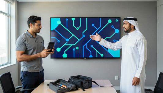 Technician holding an OPS slot-in PC module beside a wall-mounted interactive flat panel