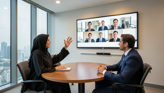 Meeting room video call on a wall display above a video bar in a Dubai office