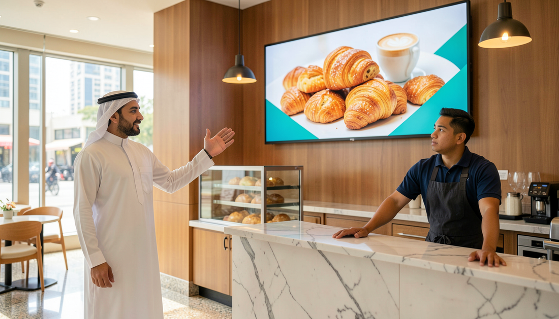 Café owner and barista looking at a wall-mounted digital signage display showing food photography