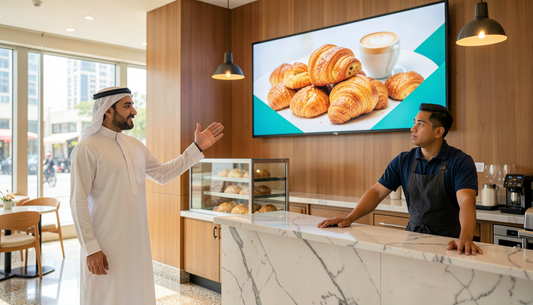 Café owner and barista looking at a wall-mounted digital signage display showing food photography