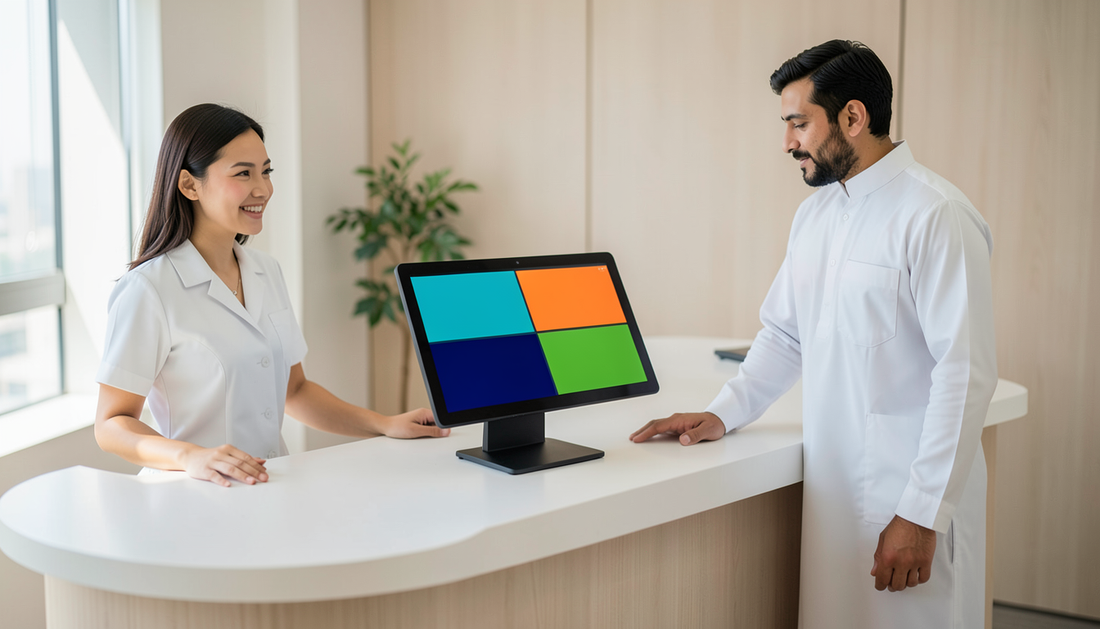 Touch screen monitor on a UAE clinic reception desk used for patient check-in