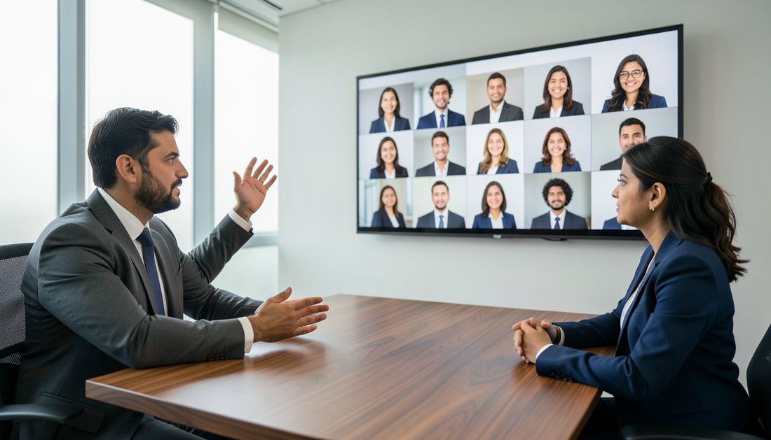 Two colleagues in a Dubai meeting room on a video call shown as a grid of participant tiles on a wall display with a video bar