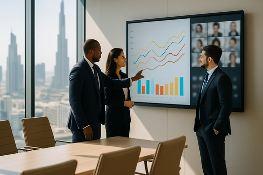 Business team collaborating around a wall-mounted interactive flat panel in a Dubai boardroom