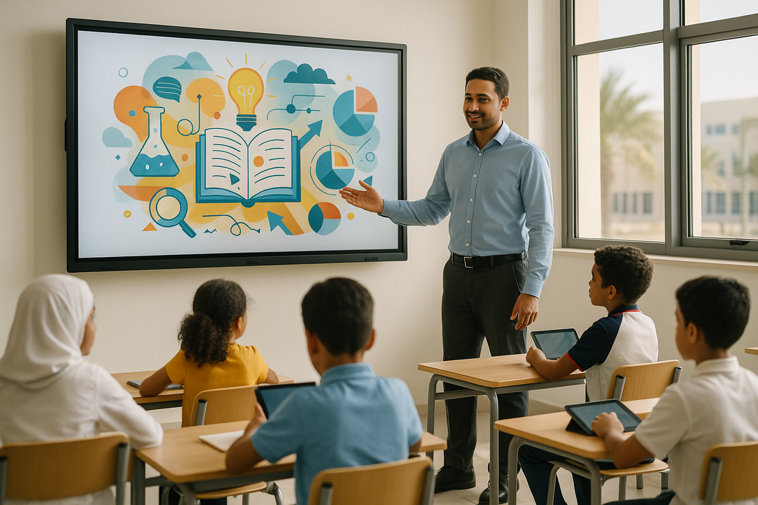Teacher using a wall-mounted interactive panel in a bright UAE classroom with students