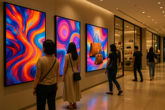 Wall-mounted digital signage screens showing colourful promotions in a UAE retail store
