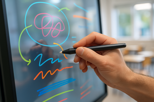 Hand writing with a stylus on an interactive touchscreen panel in a classroom