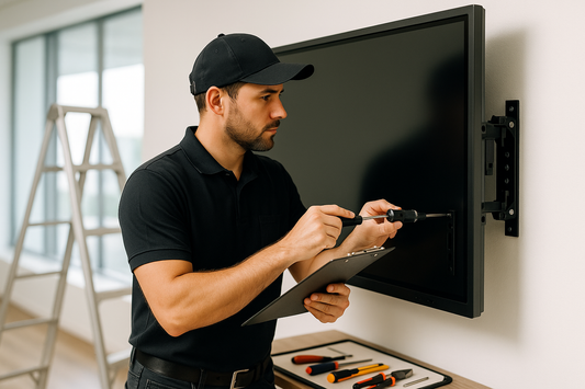 Technician servicing a wall-mounted interactive display during installation