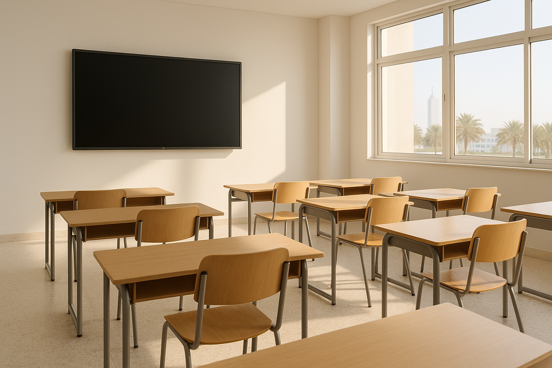 Bright UAE classroom with a large wall-mounted interactive flat panel switched off