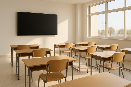 Bright UAE classroom with a large wall-mounted interactive flat panel switched off