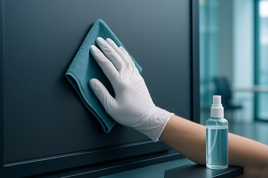 Gloved hand wiping a powered-off interactive touchscreen with a microfibre cloth beside a spray bottle