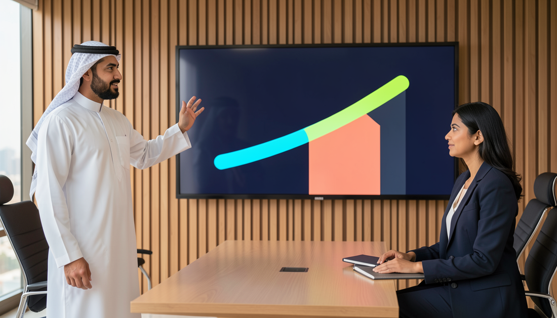 Emirati presenter reviewing a rising chart on a Clevertouch-class interactive panel in a Dubai meeting room