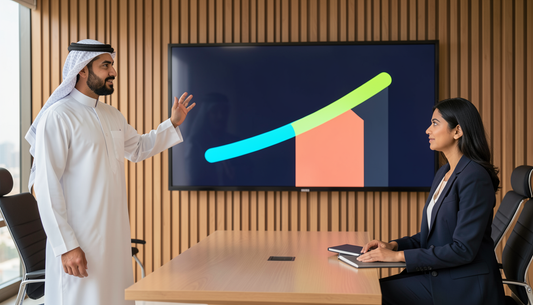 Emirati presenter reviewing a rising chart on a Clevertouch-class interactive panel in a Dubai meeting room