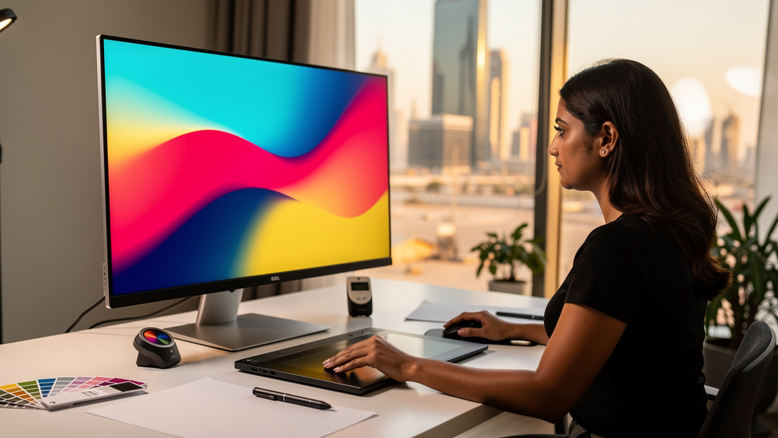 Designer at a colour-accurate monitor with a pen display and calibration device on the desk