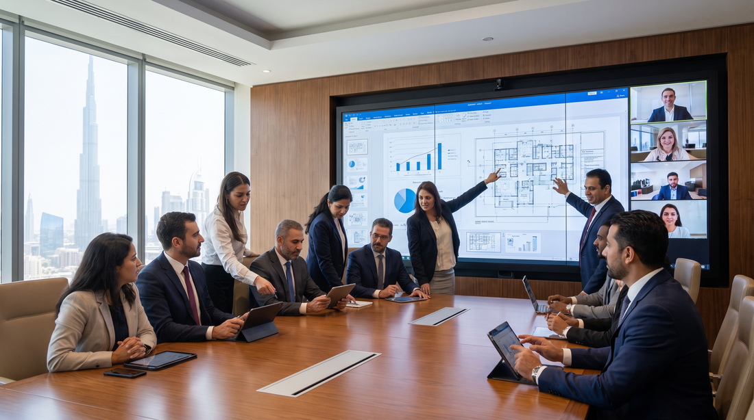 Dubai executive boardroom with a large display dominating the wall during a meeting