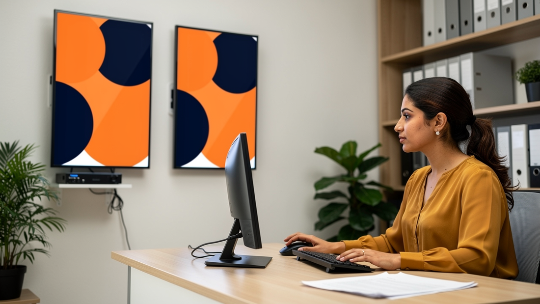 Marketing coordinator managing two wall-mounted signage screens from a desktop workstation