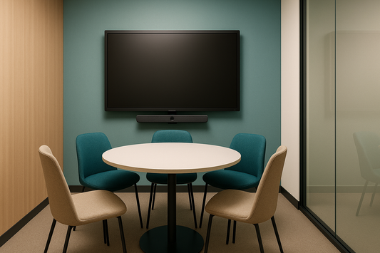 Small huddle room with a compact interactive panel powered off, a round table and a video bar