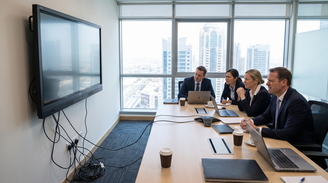 Undersized interactive panel with loose cabling in a cramped Dubai meeting room