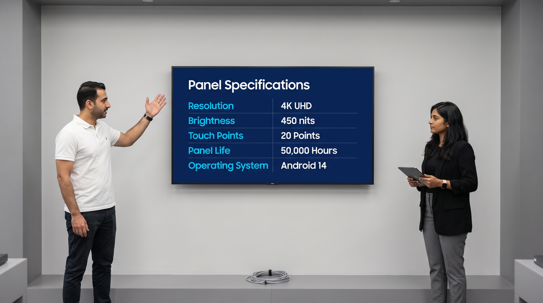 Product specialist showing a client an interactive panel specification table in a Dubai showroom