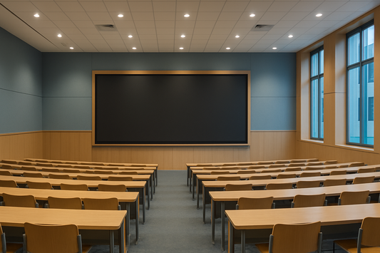 Large university lecture hall with tiered seating and a very large wall-mounted interactive panel powered off at the front