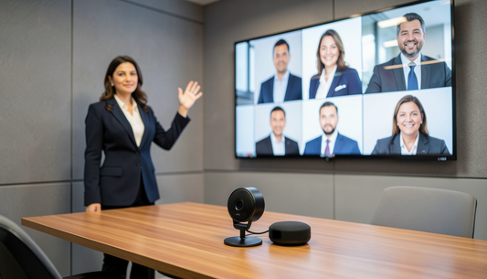 Conference camera bar on a Dubai huddle-room table with a video call on the wall display