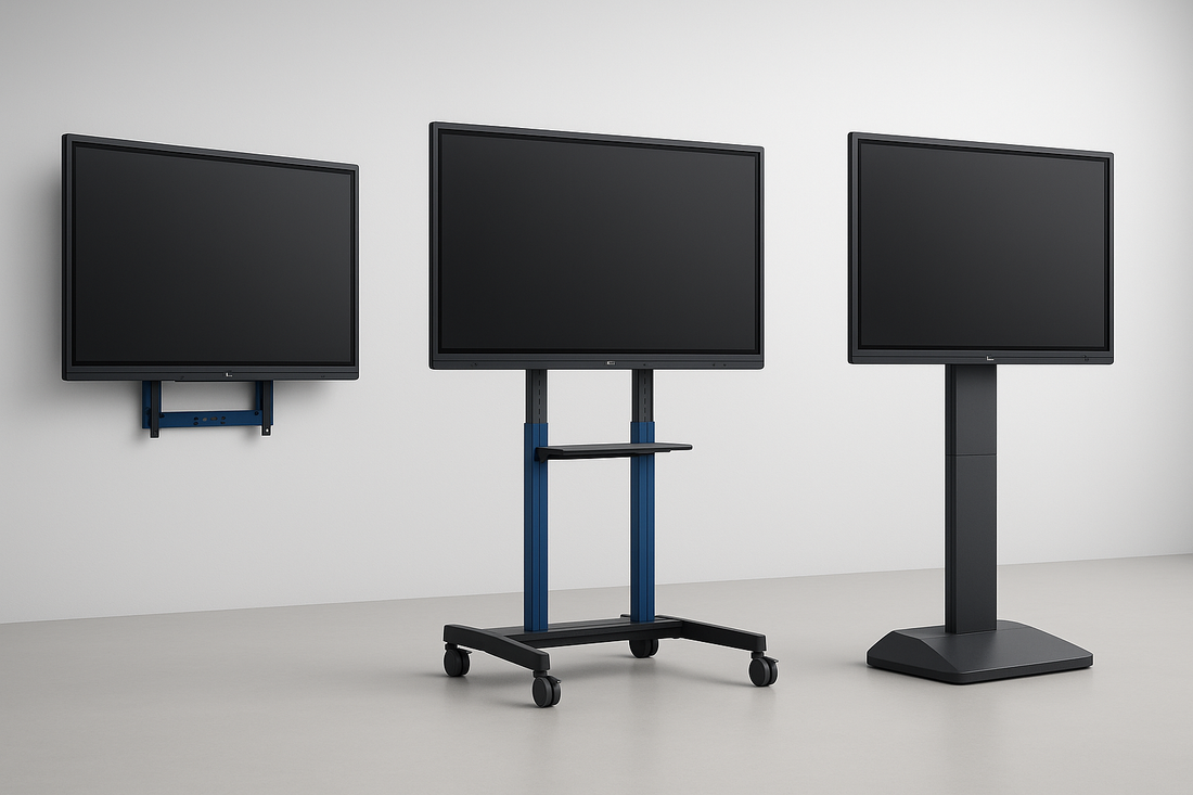 Interactive flat panel shown on a wall mount, a mobile trolley stand and a floor kiosk, screens off