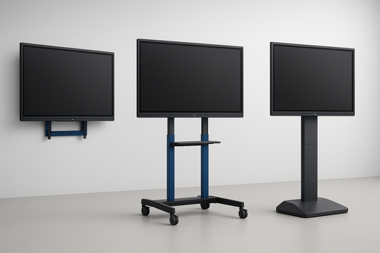Interactive flat panel shown on a wall mount, a mobile trolley stand and a floor kiosk, screens off