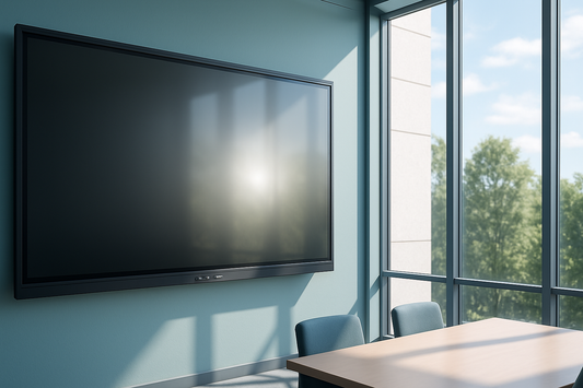 Interactive flat panel powered off in a bright sunlit meeting room showing window glare on the screen