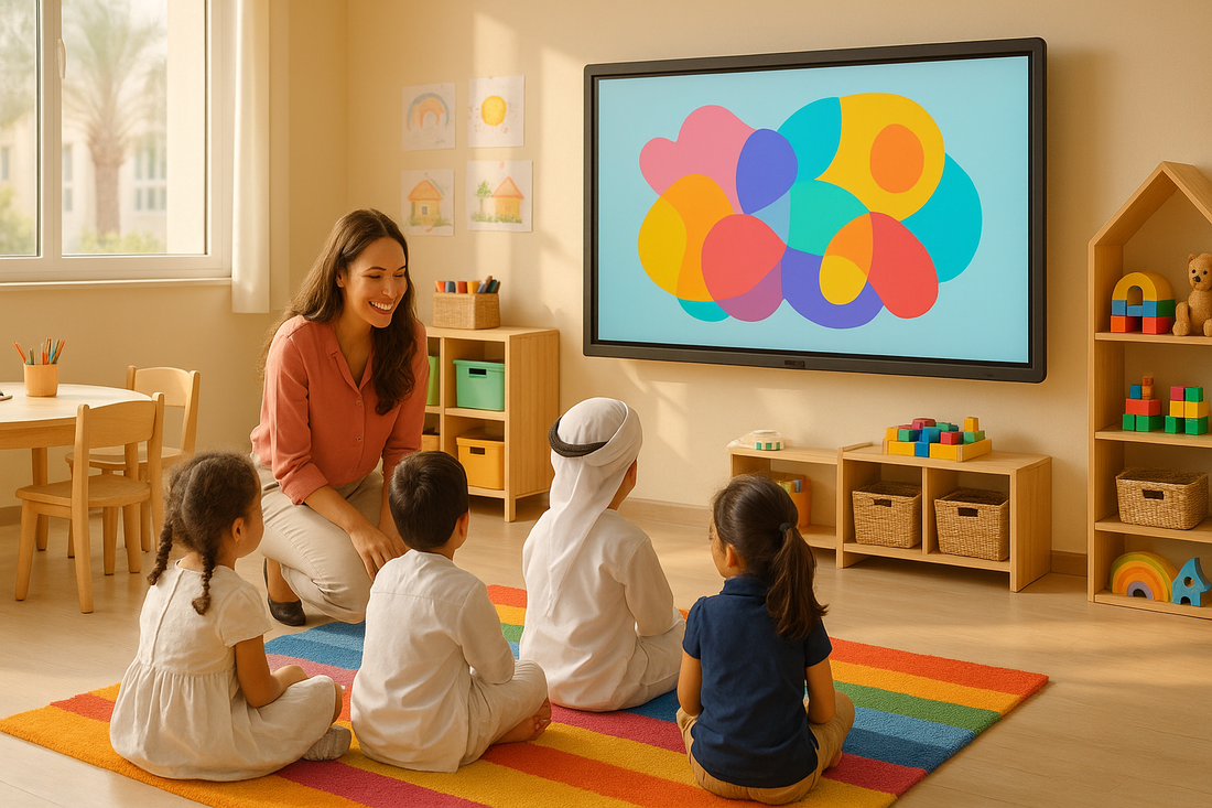 Nursery classroom in the UAE with young children in front of a low-mounted interactive display