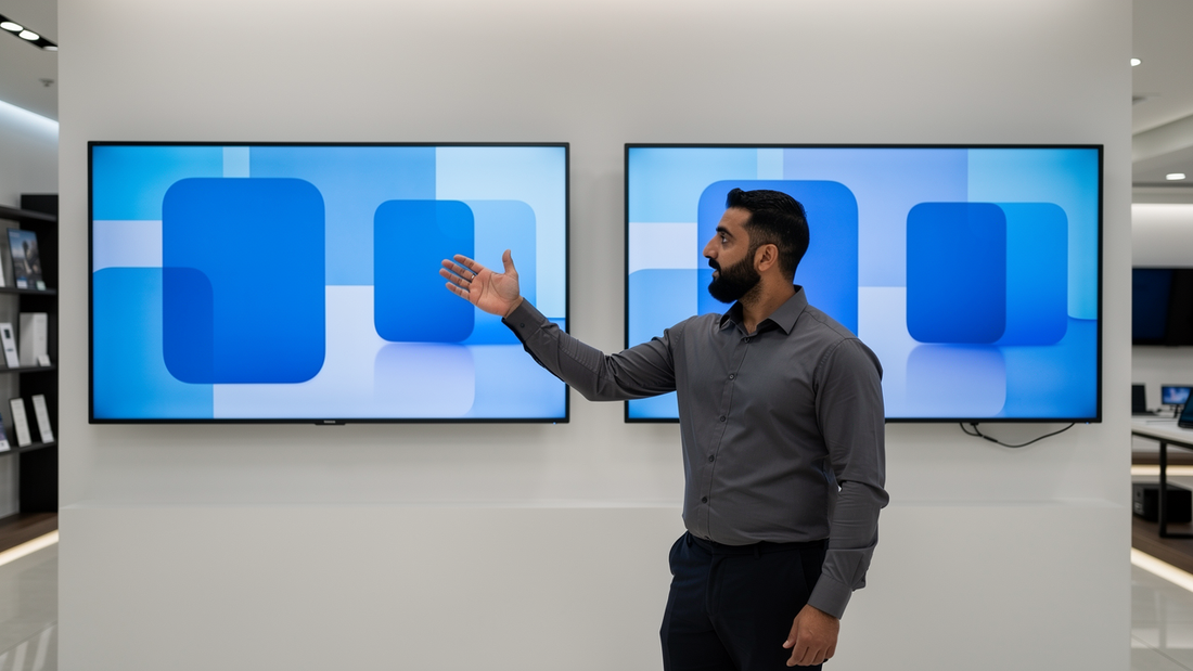 Showroom manager comparing two interactive flat panels mounted side by side