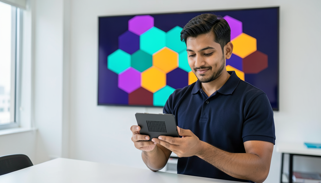 Technician holding a slot-in OPS PC module in front of an interactive flat panel