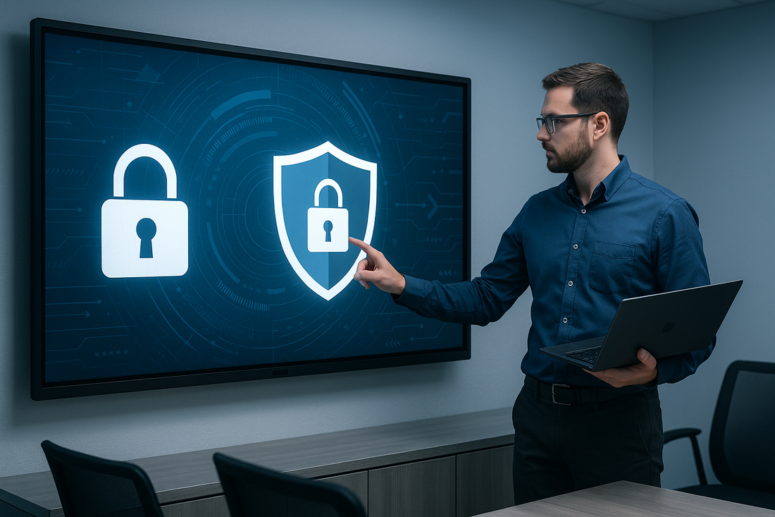 IT administrator securing an interactive flat panel in a corporate meeting room