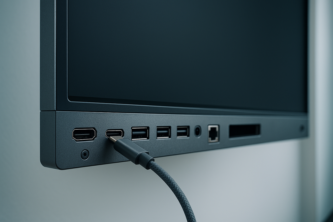 Close-up of the connection panel and port cluster on the side of an interactive flat panel
