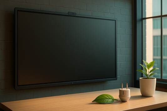 Interactive flat panel powered off in an office with a small plant, plug and leaf motif suggesting energy efficiency