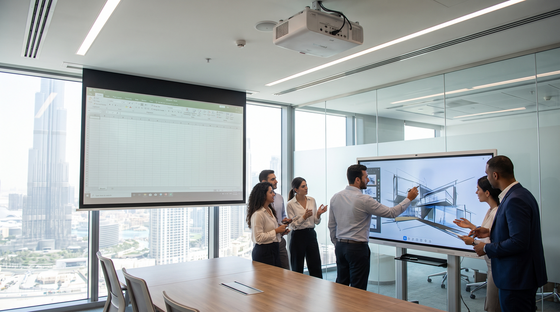 Dubai meeting room fitted with both a ceiling projector and a large interactive panel in use