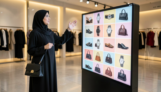 Shopper browsing a product grid on a freestanding interactive touch totem in a Dubai showroom