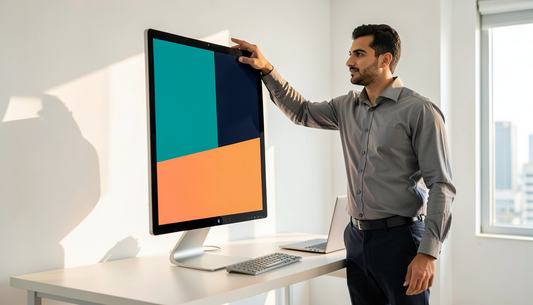 Office worker rotating a monitor into vertical portrait orientation on a pivot stand