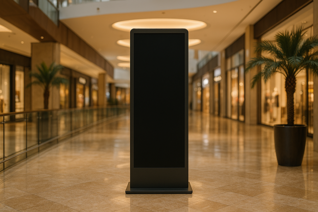 Freestanding digital signage totem with a blank powered-off screen in a Dubai mall concourse