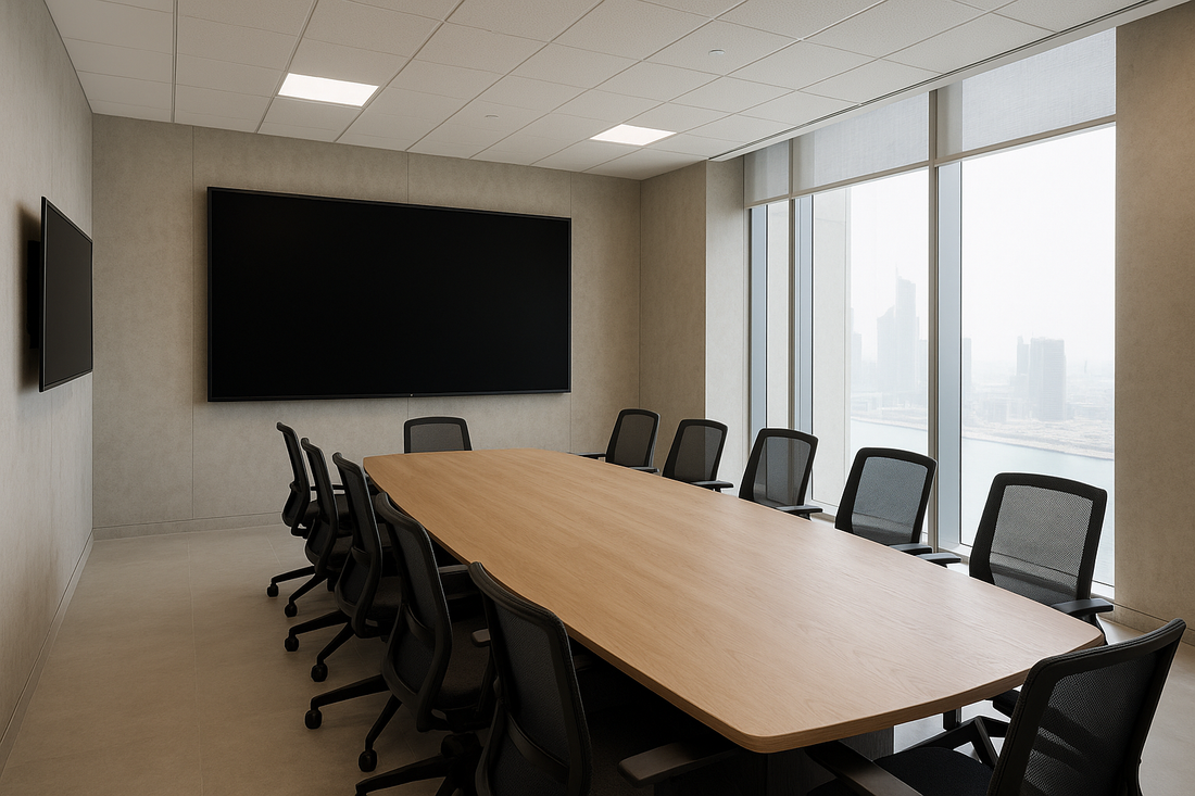 Large meeting room in a UAE office with a big wall-mounted interactive display switched off