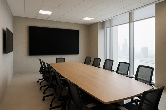 Large meeting room in a UAE office with a big wall-mounted interactive display switched off