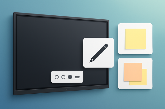 Interactive flat panel with floating annotation, pen and sticky-note software UI cards