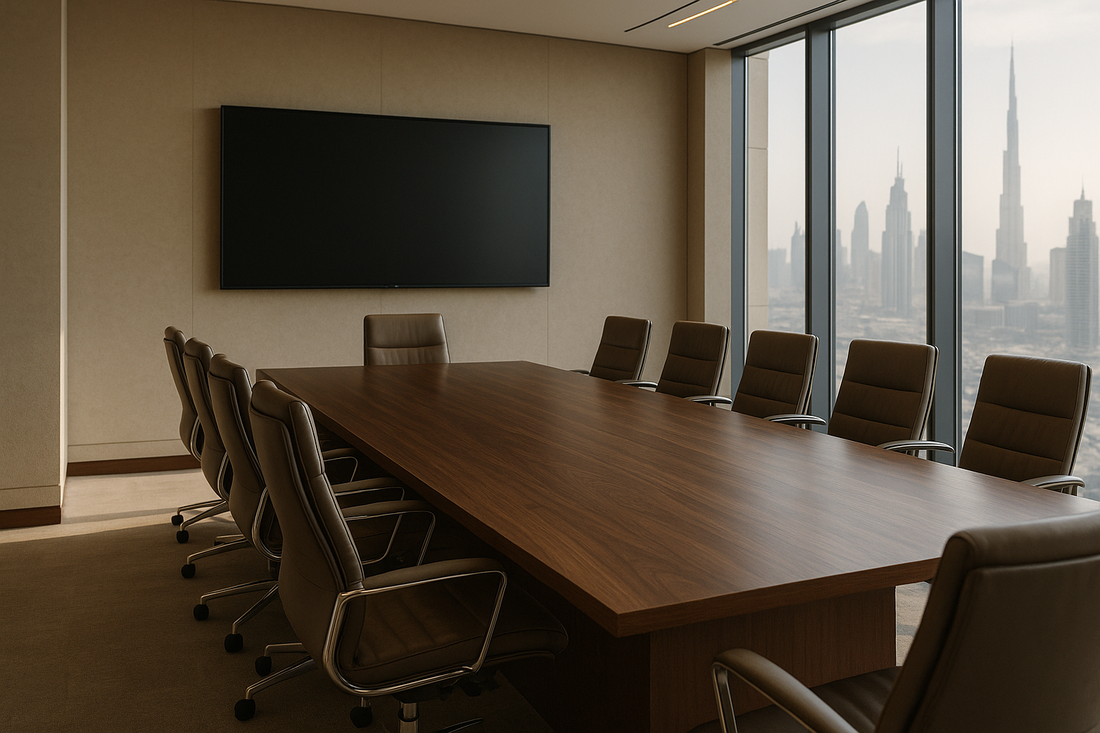 Modern Dubai boardroom with a large wall-mounted interactive flat panel switched off