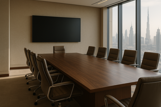 Modern Dubai boardroom with a large wall-mounted interactive flat panel switched off